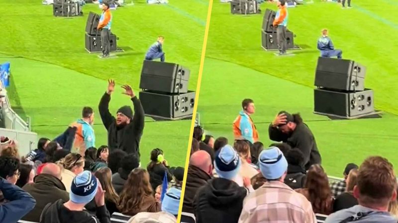 Crack up fella doesn't quit getting crowd to get a full round of a stadium wave